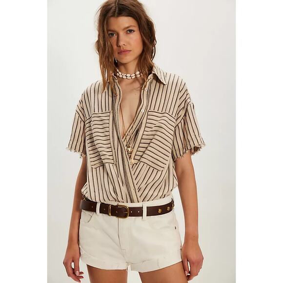 We The Free Tops - We The Free Christopher Linen Striped Short Sleeve Button-Up Shirt Beige S NWT